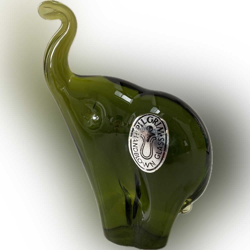 Vintage 1970s Green Handblown glass elephant by Pilgram Glass, Trunk Up!